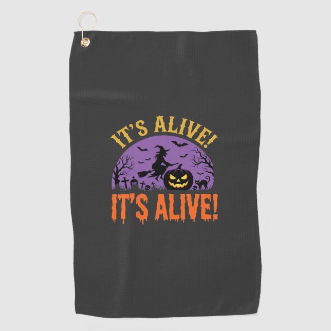 Halloween Witch Jack O Lantern It's Alive Golf Towel (Front)