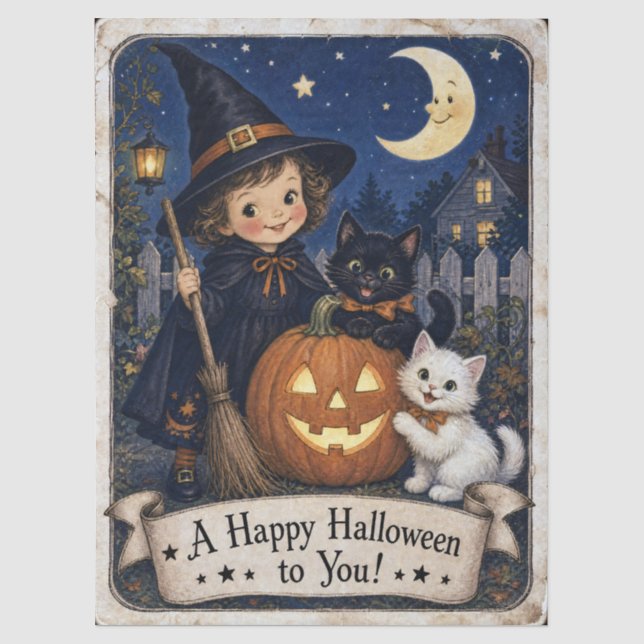 Halloween Witch Kittens Moon Vintage Style Tissue Paper (Front)