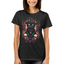 Halloween Witch Kitty Amongst Skulls and Roses