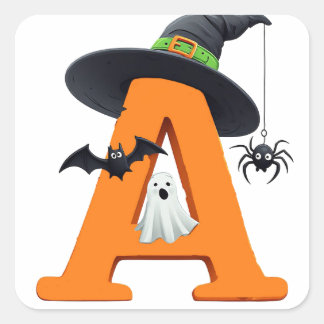 Halloween Witch Letter A Cauldron Broom 🎃 Square Sticker