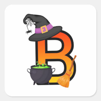 Halloween Witch Letter B Cauldron Hat 🎃 Square Sticker