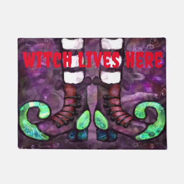 Halloween Witch Lives Here Boots Whimsical Doormat (Front)