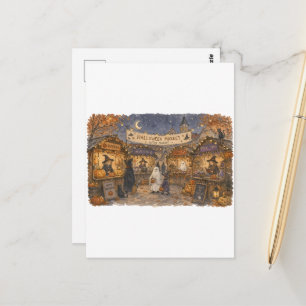 Halloween Witch Market Scene Illustration Postcard