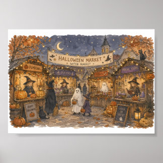 Halloween Witch Market Scene Illustration Poster