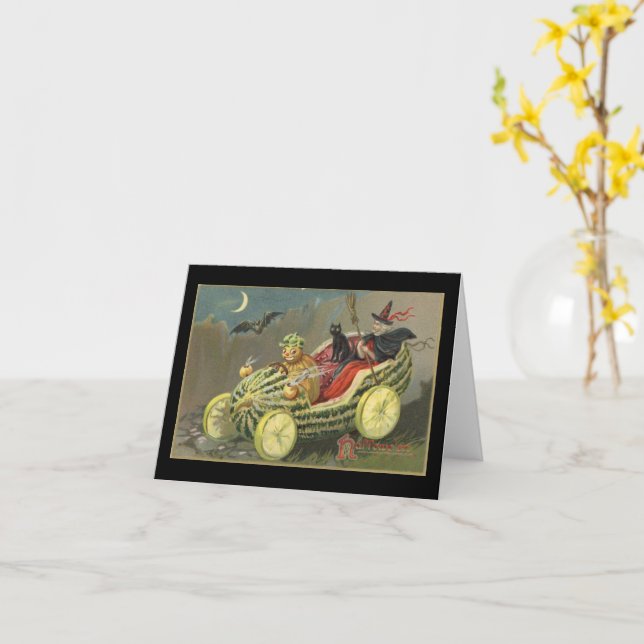 Halloween Witch Melon Race Car Vintage Card (Yellow Flower)