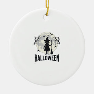 Halloween Witch Moon Vintage Engraving Design_1 Ceramic Tree Decoration