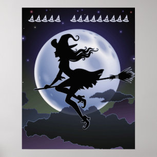 Halloween Witch on a Broom with full Moon Poster