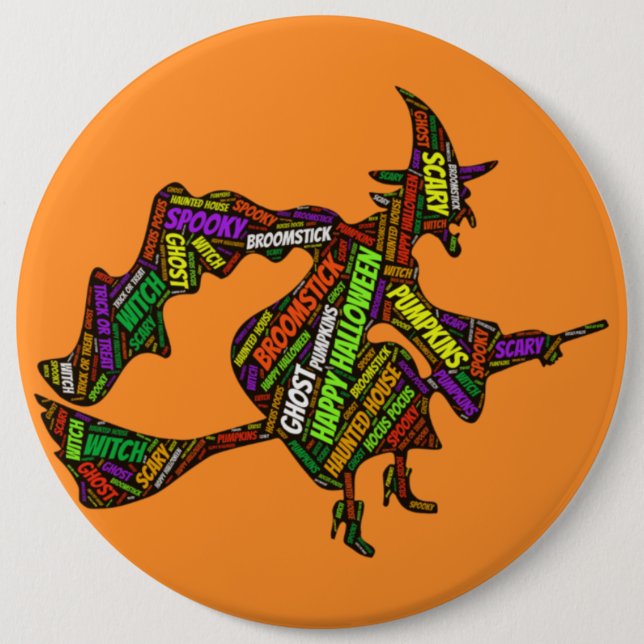 Halloween Witch on a Broomstick Orange Typography  6 Cm Round Badge (Front)