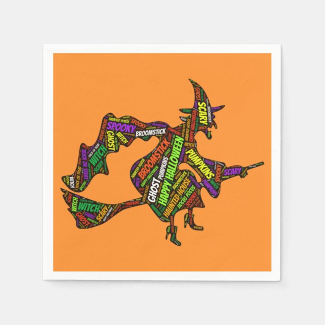 Halloween Witch on a Broomstick Orange Typography  Napkin (Front)