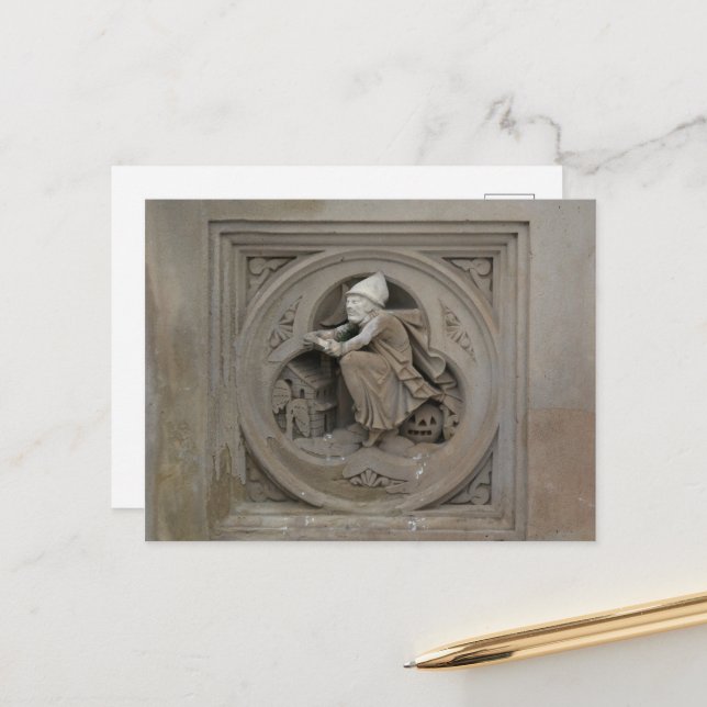 Halloween Witch on Broom 3d Stone Carving Photo Postcard (Front/Back In Situ)