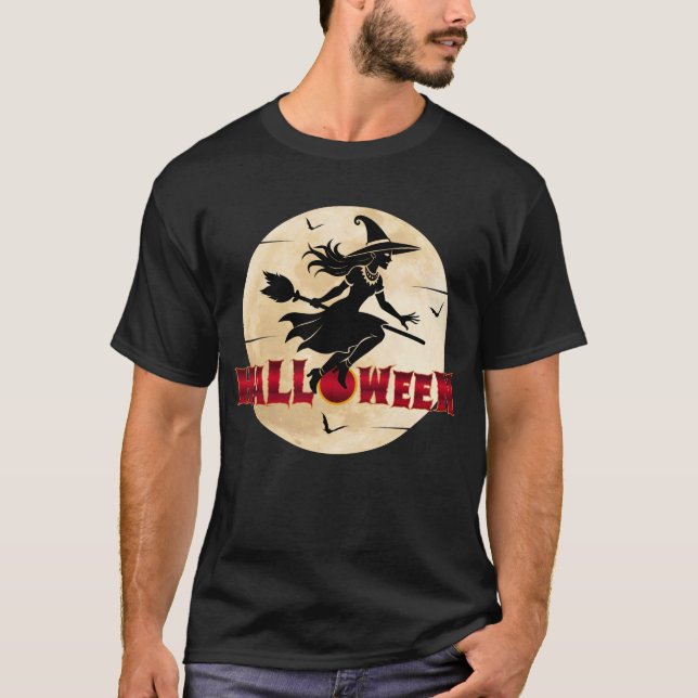 Halloween Witch On Broom T-Shirt (Front)