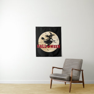 Halloween Witch On Broom Tapestry