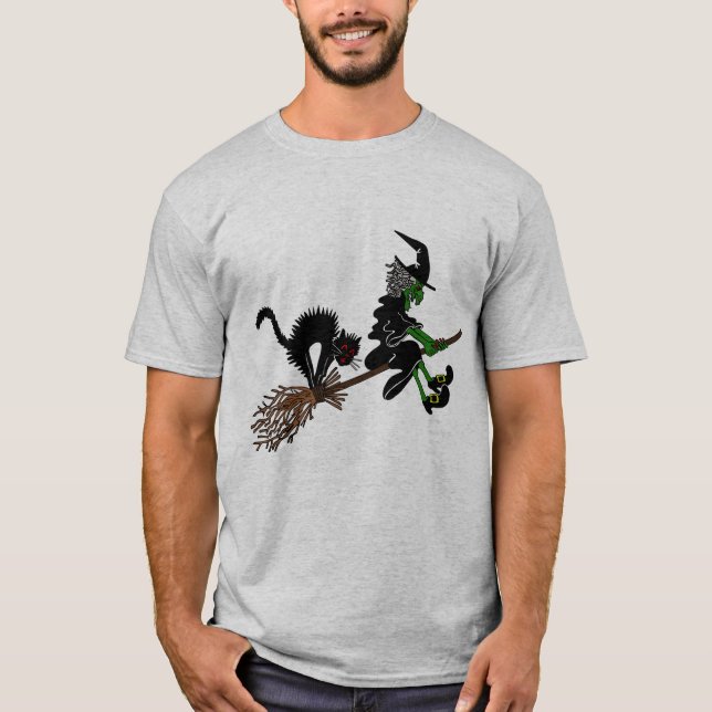 Halloween Witch On Broomstick T-Shirt (Front)