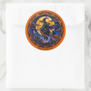 Halloween Witch on Flying Broom Classic Round Sticker