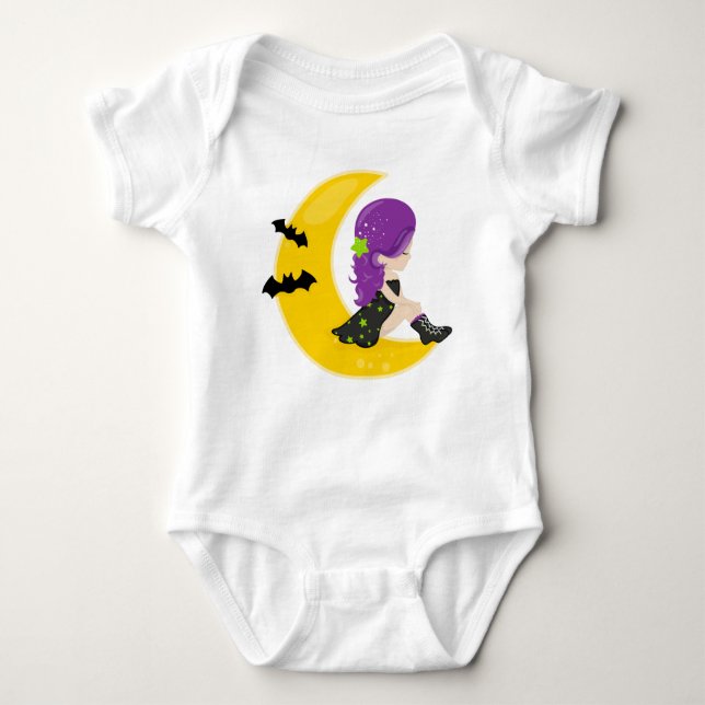 Halloween, Witch On The Moon, Bat, Trick Or Treat Baby Bodysuit (Front)
