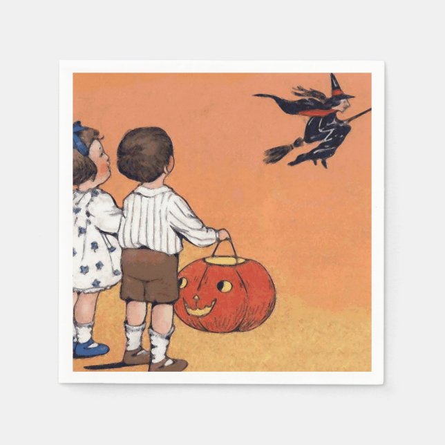 Halloween witch orange and black party napkin (Front)