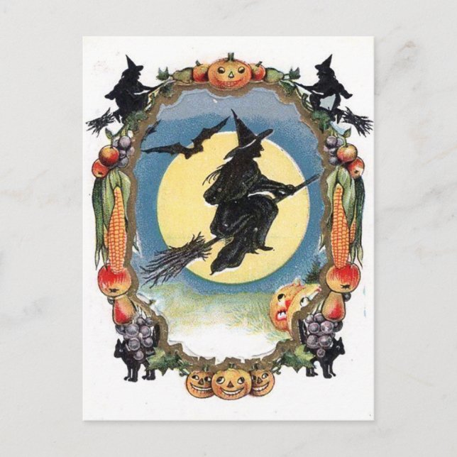 Halloween Witch ove the Moon Postcard (Front)