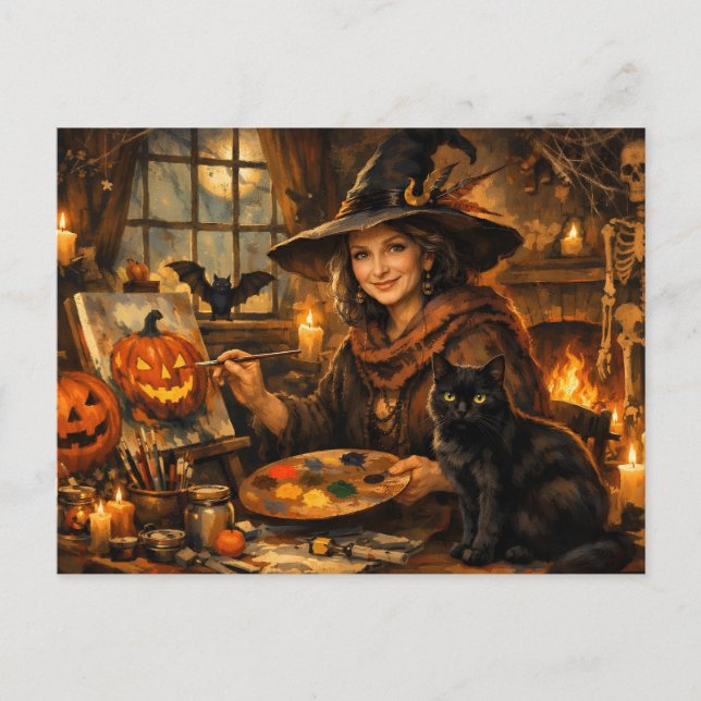 Halloween Witch Painting Pumpkin  Postcard (Front)