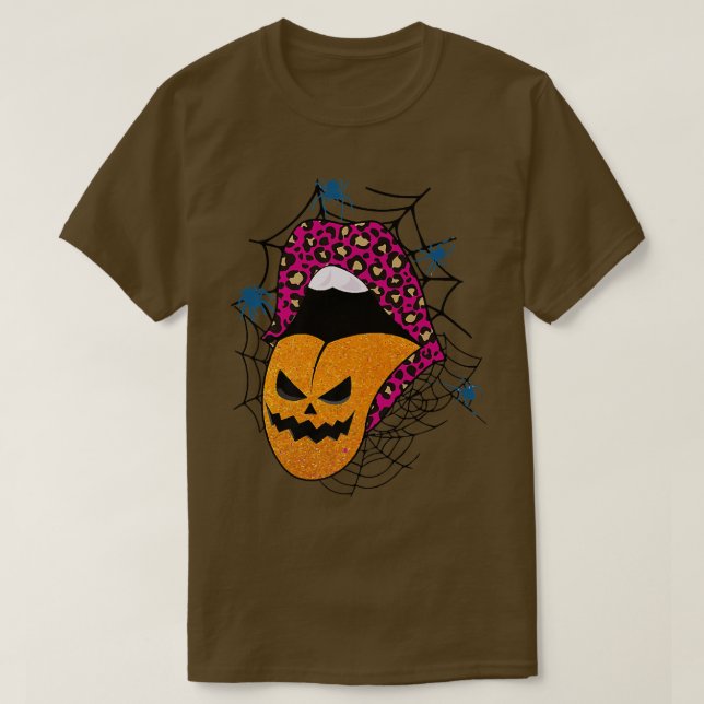 Halloween Witch Pink Lips Leopard Pattern Pumpkin  T-Shirt (Design Front)