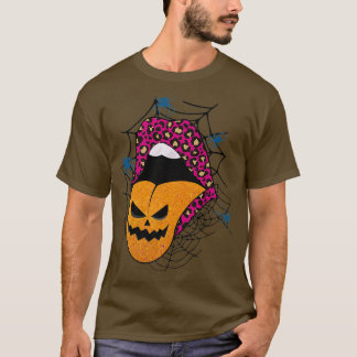 Halloween Witch Pink Lips Leopard Pattern Pumpkin T-Shirt