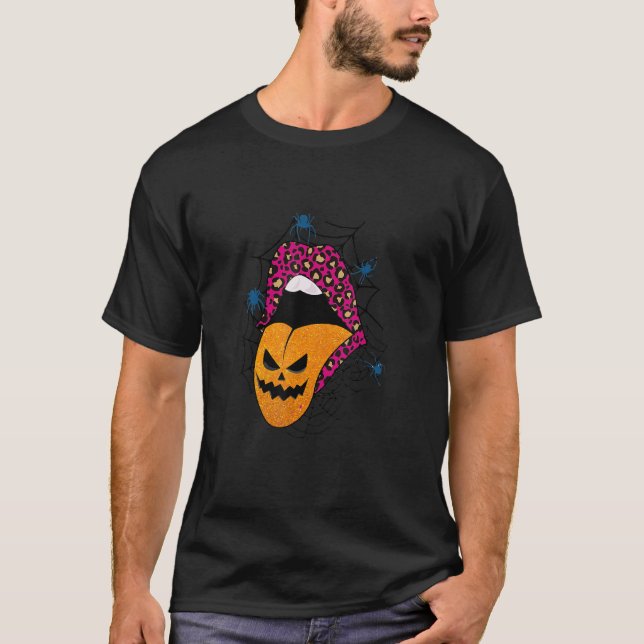 Halloween Witch Pink Lips Leopard Pattern Pumpkin  T-Shirt (Front)