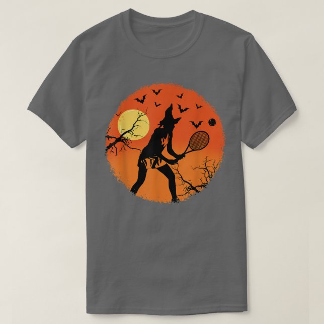 Halloween Witch Playing Tennis Sport Spooky Broom  T-Shirt (Design Front)