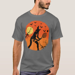 Halloween Witch Playing Tennis Sport Spooky Broom T-Shirt