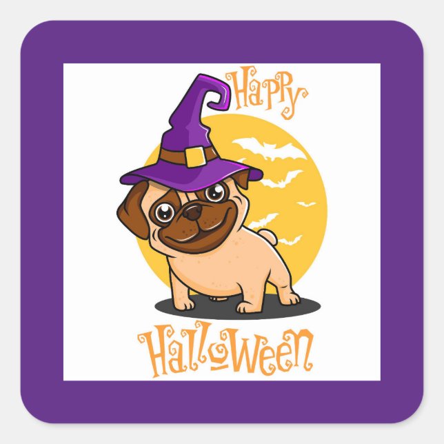 Halloween Witch Pug Square Stickers (Front)