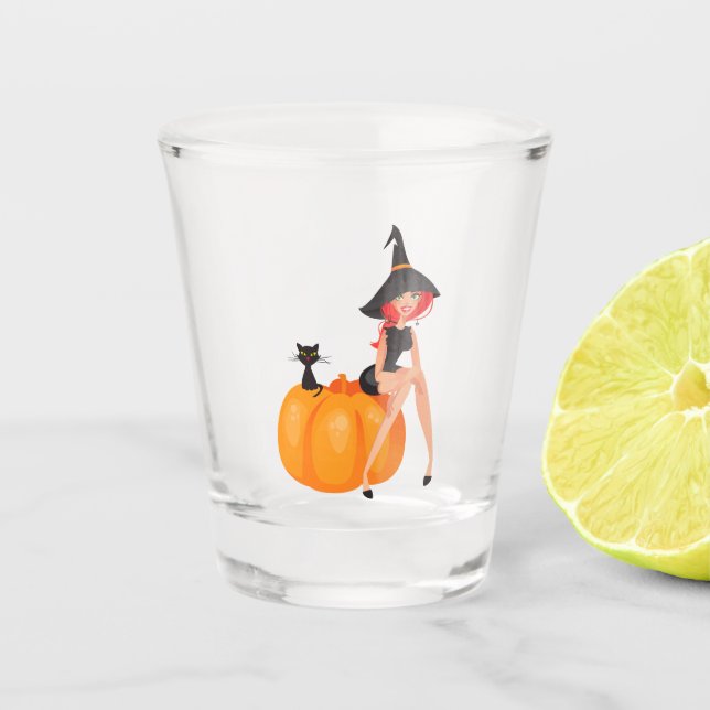 Halloween Witch Pumpkin & Black Cat Shot Glass (Front)