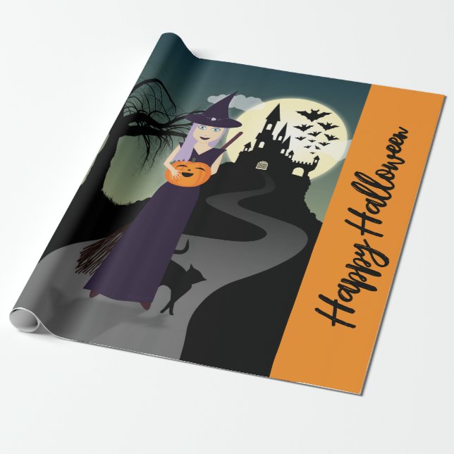 Halloween Witch Pumpkin Black cat Your text Wrapping Paper (Unrolled)