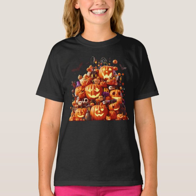 Halloween Witch Pumpkin White Ghost Bats Magic T-Shirt (Front)