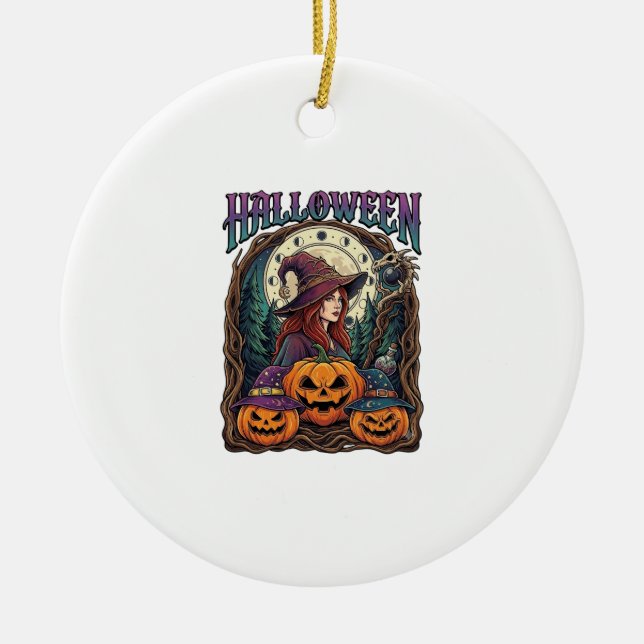 Halloween Witch Pumpkins Moon Phases_1 Ceramic Tree Decoration (Front)