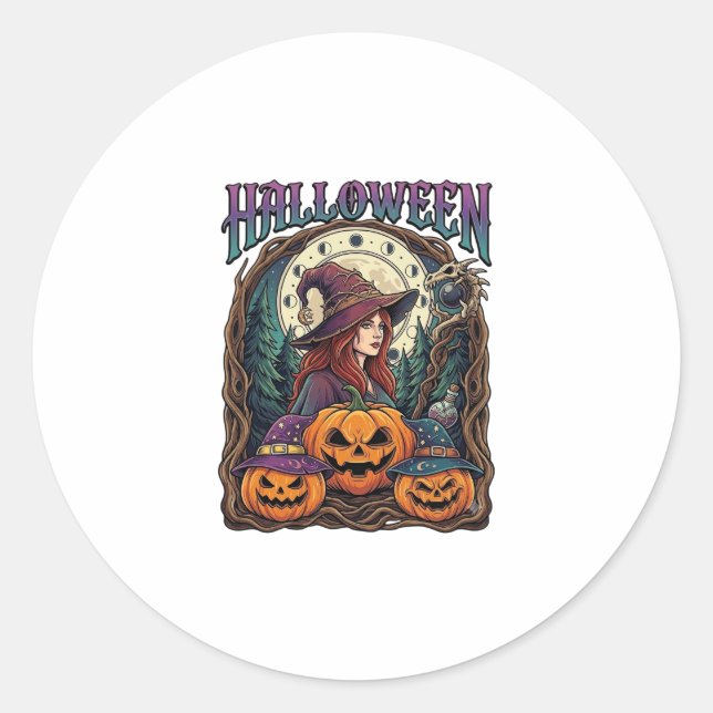 Halloween Witch Pumpkins Moon Phases_1 Classic Round Sticker (Front)