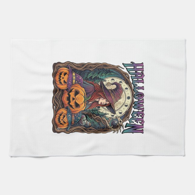 Halloween Witch Pumpkins Moon Phases_1 Tea Towel (Horizontal)