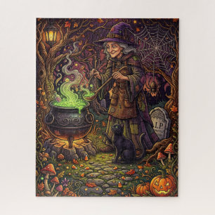 Halloween Witch Puzzle, Black Cat Stirring Gift Jigsaw Puzzle