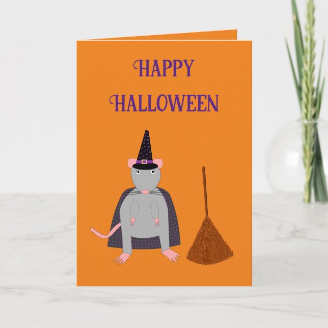Halloween Witch Rat and Broom Custom Card (Front)