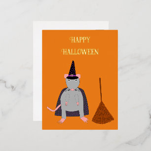 Halloween Witch Rat and Broom Custom Foil Holiday Postcard
