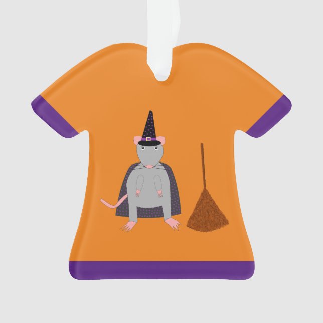 Halloween Witch Rat and Broom Custom Name Ornament (Front)