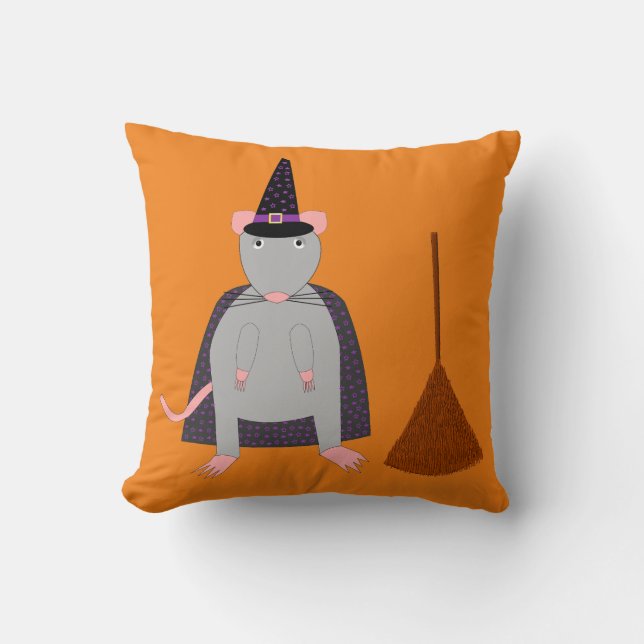 Halloween Witch Rat and Broom Double Sided Cushion (Front)