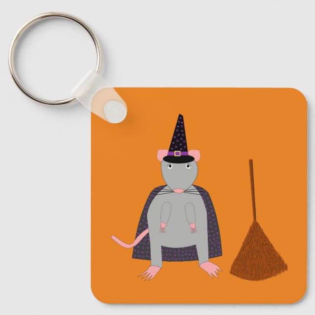 =Halloween Witch Rat and Broom Double Sided Key Ring (Front)