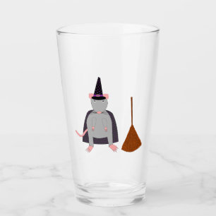 Halloween Witch Rat and Broom Glass