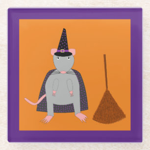 Halloween Witch Rat and Broom Glass Coaster