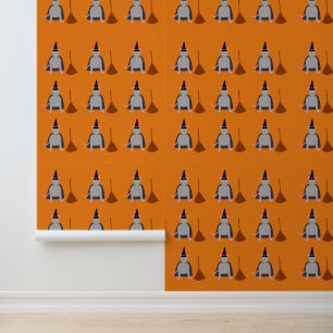 Halloween Witch Rat and Broom Patterned Wallpaper
