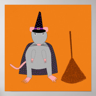 Halloween Witch Rat and Broom Poster