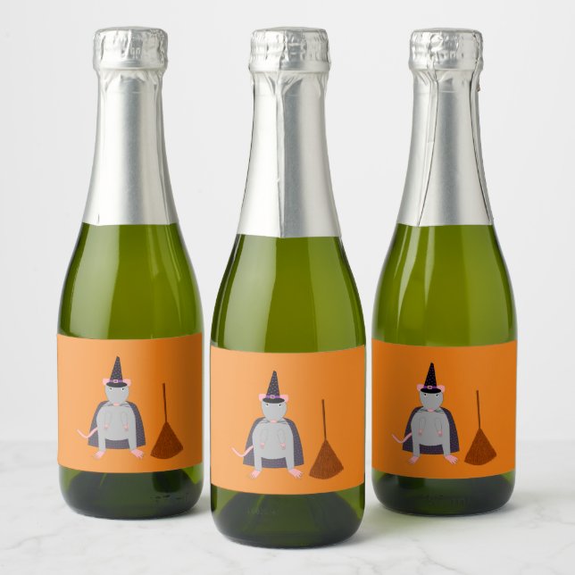 Halloween Witch Rat and Broom Sparkling Wine Label (Bottles)