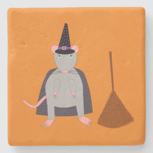 Halloween Witch Rat and Broom Stone Coaster