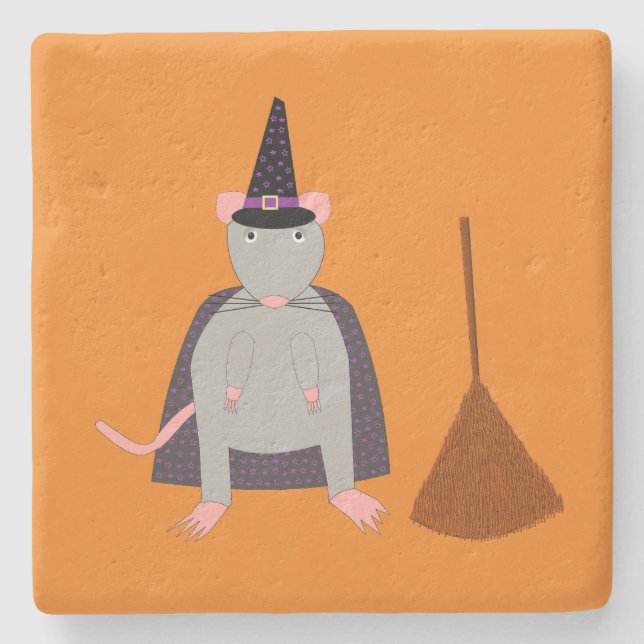 Halloween Witch Rat and Broom Stone Coaster (Front)