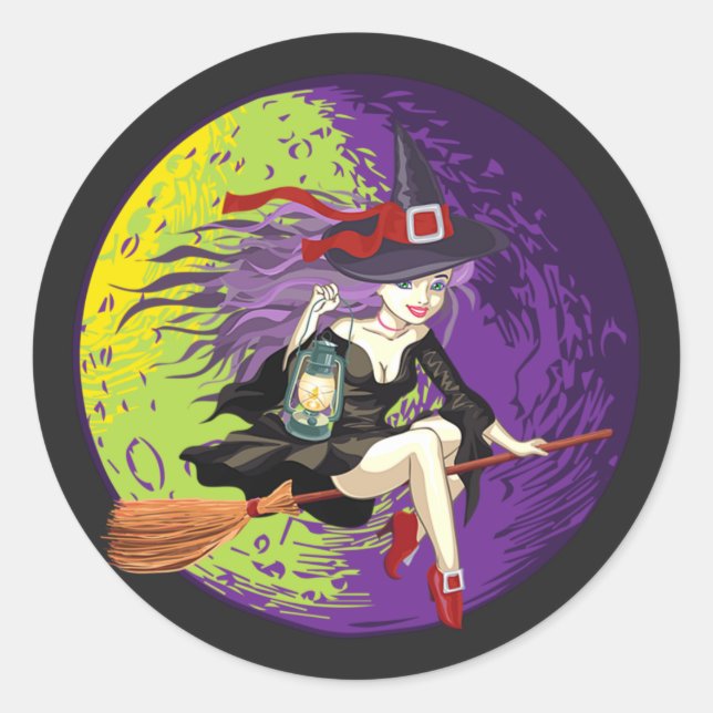 Halloween Witch Riding Broom  Classic Round Sticker (Front)