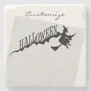 Halloween Witch Riding Broom Thunder_Cove Stone Coaster