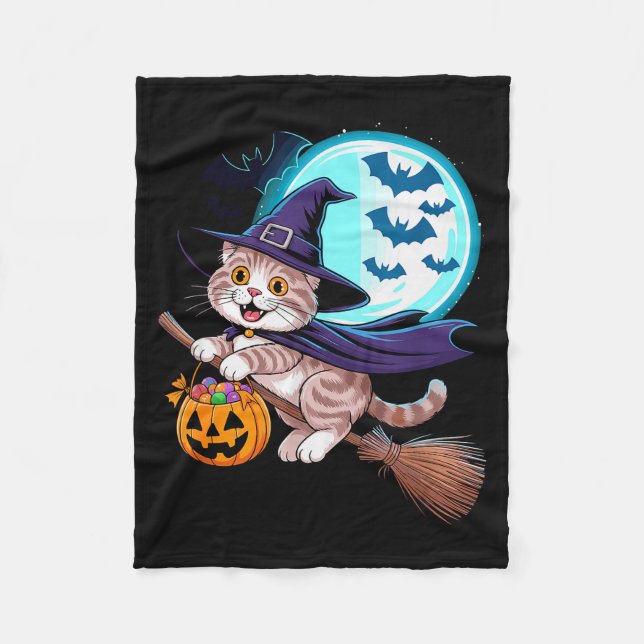 Halloween Witch Scottish Fold Moon Coupari  Fleece Blanket (Front)